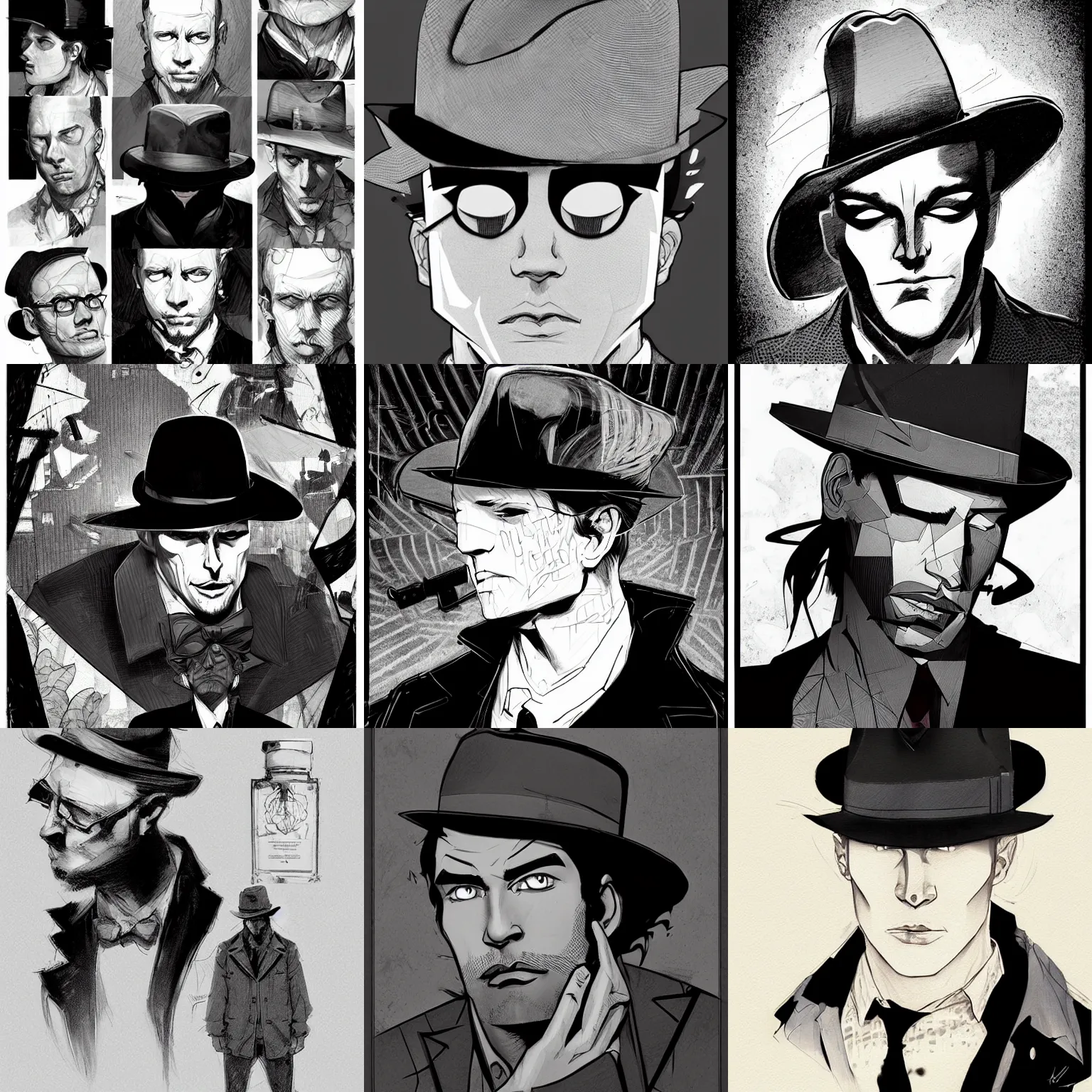 Prompt: a study of cell shaded portrait of noir detective wearing a fedora concept art, llustration, black and white, post grunge, concept art by josan gonzales and wlop, by james jean, Victo ngai, David Rubín, Mike Mignola, Laurie Greasley, highly detailed, sharp focus, Trending on Artstation, HQ, deviantart, art by artgem