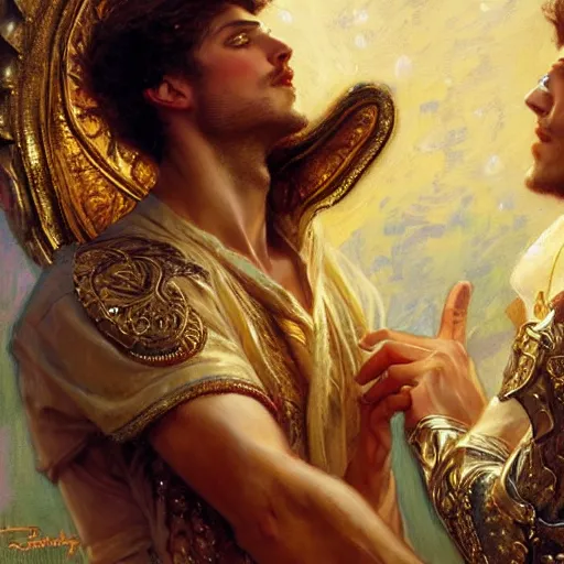 Image similar to attractive fully clothed king confesses his love for his attractive fully clothed male prince. highly detailed painting by gaston bussiere, tom bagshaw, j. c. leyendecker
