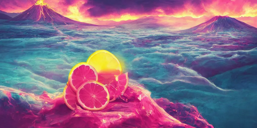 Image similar to pink lemonade flowing from the volcano, digital art, 4 k, highly detailed, soft lighting, dramatic perspective