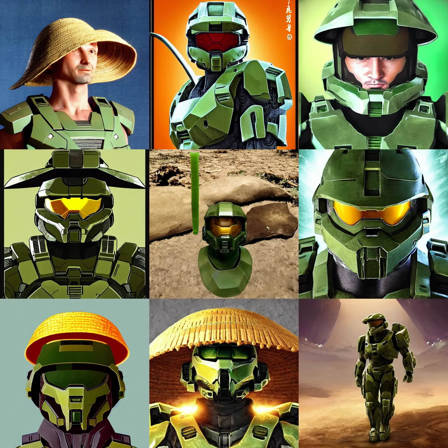 Prompt: halo master chief wearing an asian conical straw rice hat