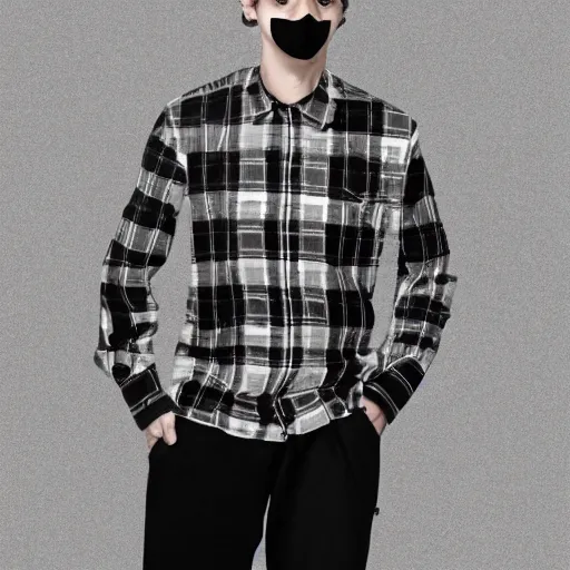 Image similar to professional pencil sketch of a young adult man with short blonde hair wearing a black face mask a black flannel shirt and black sweatpants, high quality, HD, 8K, highly detailed, award-winning