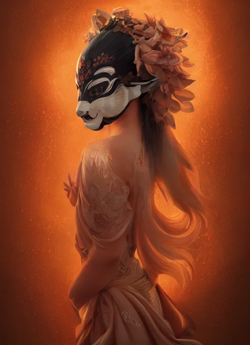 Prompt: a beautiful detailed oil on copper art illustration of a japanese kitsune mask woman, centered, by charlie bowater, zeng fanzh, trending on artstation, dim dusk lighting, cinematic lighting, detailed lighting, volumetric lighting, realistic, f 8, 4 k hd wallpaper