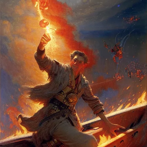 Image similar to stunning male master wizard destroying a war ship by his fire spell, highly detailed painting by gaston bussiere, craig mullins, j. c. leyendecker, 8 k