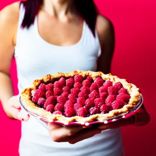 Prompt: A woman holding raspberry pie, red background