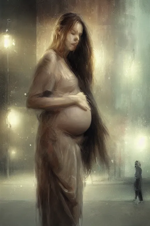 Image similar to pregnant woman under street light, highly detailed, sharp focused, ultra realistic digital concept art by Ruan Jia, Alyssa Monks, Stanley Artgerm