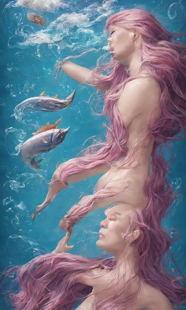 Image similar to surrealistic mermaid, half fish half woman , woman with fish head, diving in the air rounded by jelly clouds made by Stanley Artgerm Lau, WLOP, Rossdraws, ArtStation, CGSociety, concept art, cgsociety, octane render, trending on artstation, artstationHD, artstationHQ, unreal engine, 4k, 8k,