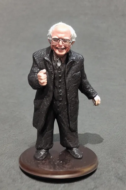Prompt: a resin miniature of Bernie Sanders in Warhammer, miniature product photo, full body, on textured disc base, 4K, HD