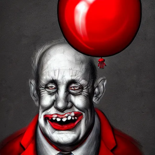 Image similar to surrealism grunge cartoon portrait sketch of a king with a wide smile and a red balloon by - michael karcz, loony toons style, horror theme, detailed, elegant, intricate