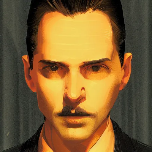 Image similar to portrait of mystery man from lost highway by petros afshar, hyper real, laurie greasley, jc leyendecker and singer sargent