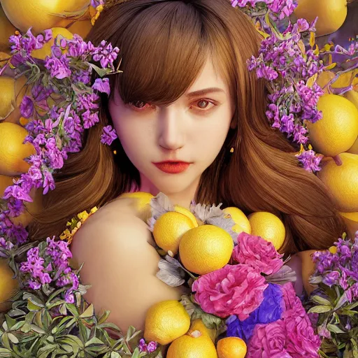 Image similar to the portrait of an absurdly beautiful, graceful, elegant, sophisticated, young idol made up of lemons, an ultrafine hyperdetailed illustration by kim jung gi, irakli nadar, intricate linework, bright colors, octopath traveler, final fantasy, unreal engine 5 highly rendered, global illumination, radiant light, detailed and intricate environment