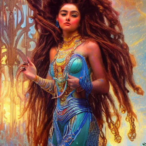 Image similar to artstation, intricate details, hyper details, by gaston bussiere, tan skin sumerian mystic lady of elche, egyptian sumerian features, techno mystic intergalactica electronic pop star, with aqua neon rapunzel dreadlocks,