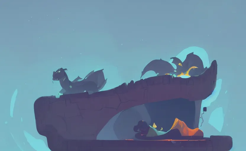 Image similar to dragons sleeping in his cave, james gilleard, print, game art