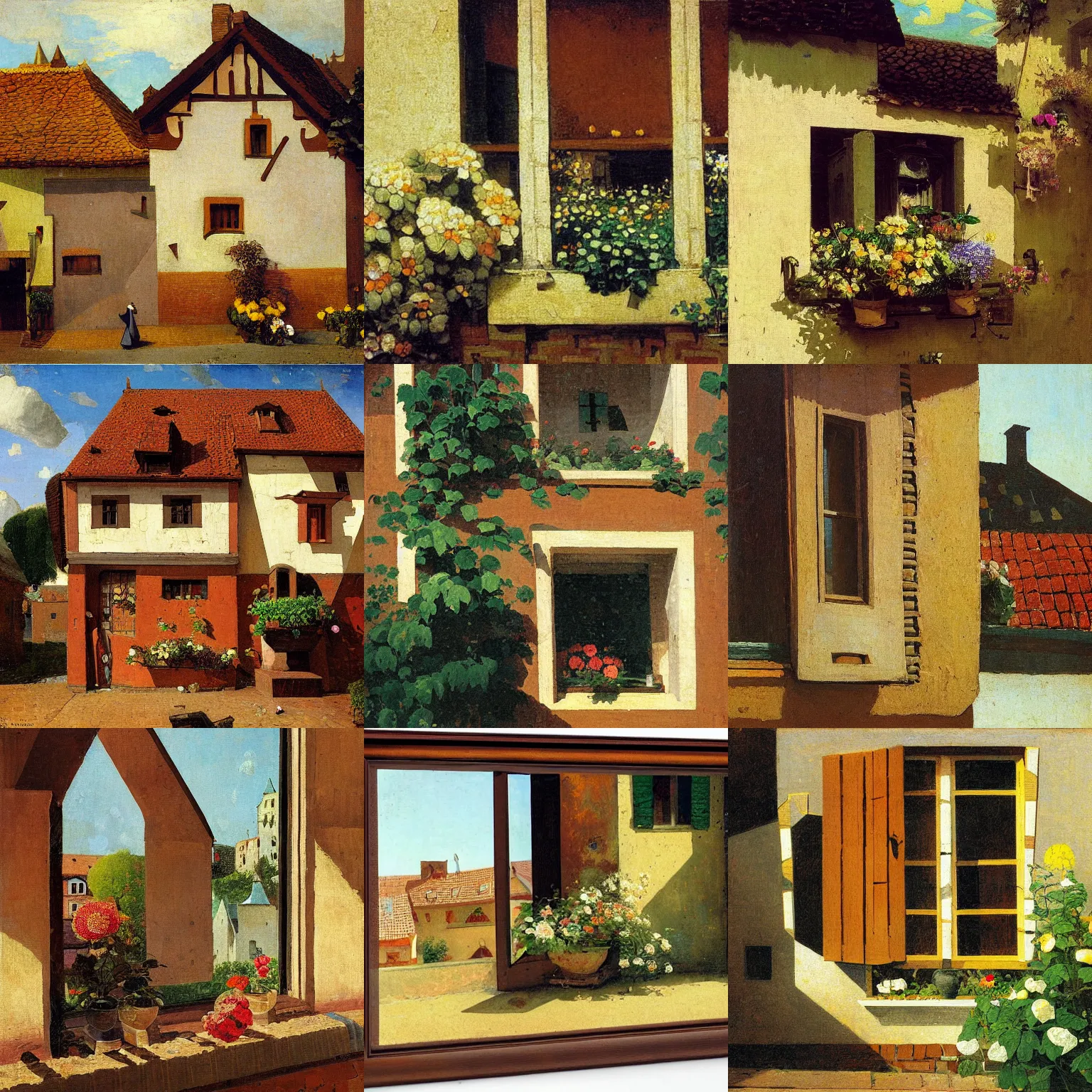 Prompt: window with flower box, timbered house with bricks, sunny, peaceful, by carl spitzweg, cubism, close up