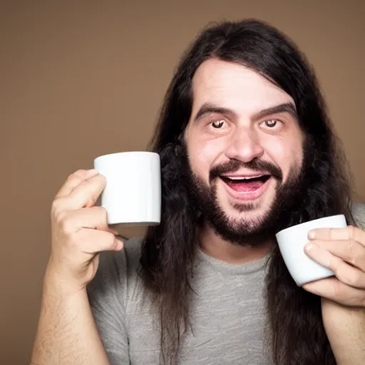 Image similar to man with long dark hair drunk with coffee who is sad because others are not boys