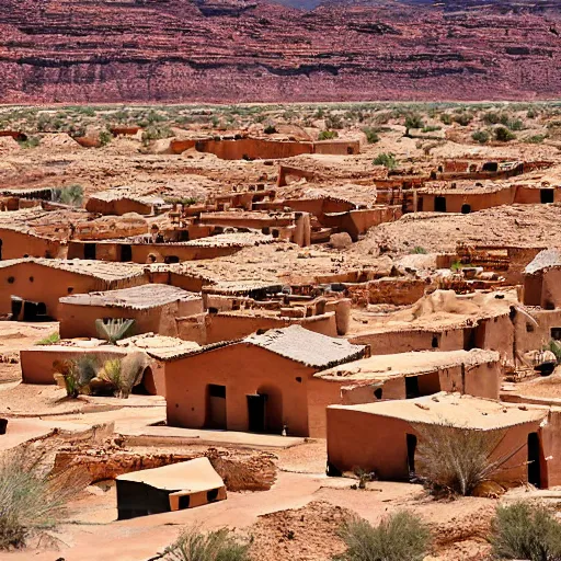 Prompt: A village of mud and bricks houses perched on top a wide mesa, in the Arizona desert. Scenic view, trending on 500px