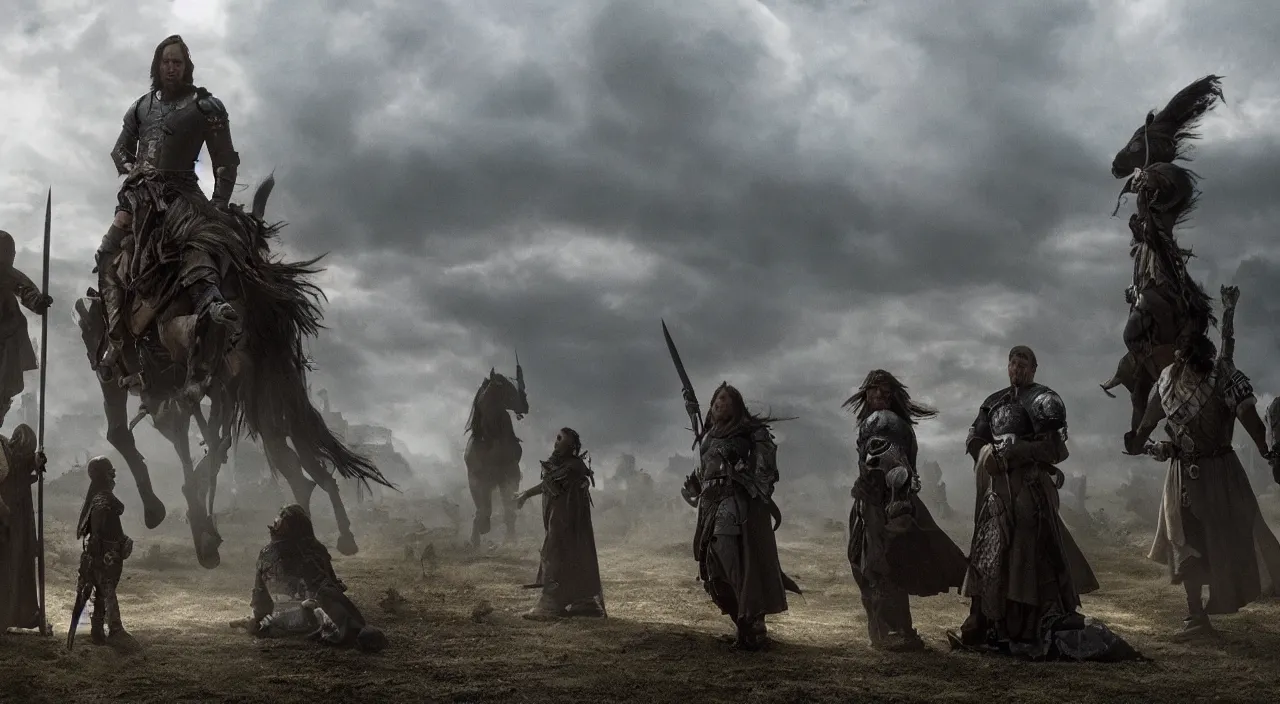 Prompt: breathtaking shot from a gritty medieval fantasy, award - winning cinematography by emmanuel lubezki, natural lighting, heavy contrast, striking composition