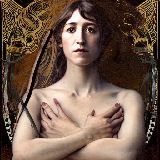 Image similar to portrait of charlotte gainsbourg as joan of arc, hyperreal digital painting, iconography influenced by alphonse mucha and eugene delacroix, arstation and deviantart trends, high resolution 8 k