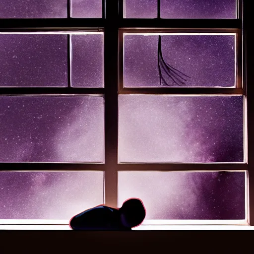Prompt: man sleeping, a boy with purple hair and cat ears standing in window, dark lighting