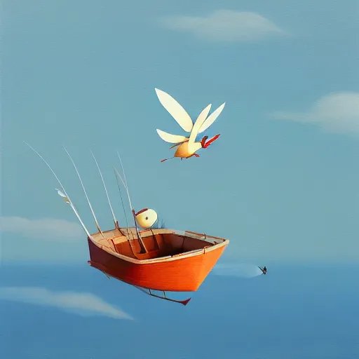 Image similar to goro fujita ilustration view from the sky of a bird with open wings with feathers flying above a fishing boat in the middle of the ocean, painting by goro fujita, sharp focus, highly detailed, artstation