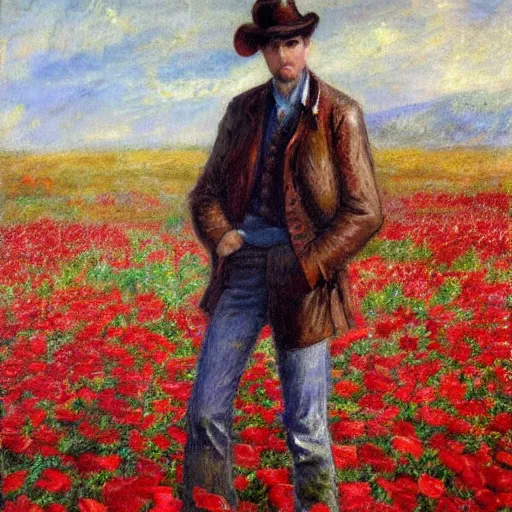 Prompt: an impressionist painting of a tall man with blue eyes and brown hair stands in the middle of a field of red roses. He is wearing a leather wide brim hat and a leather vest. He holds a single red rose in his hand