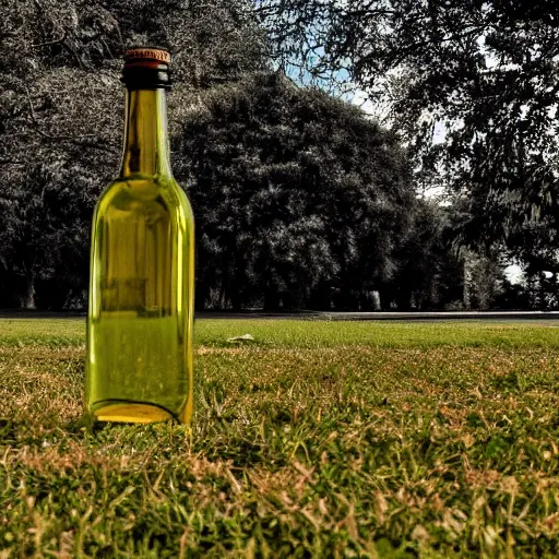 Prompt: symmetrical photo of small bottle standing, park background