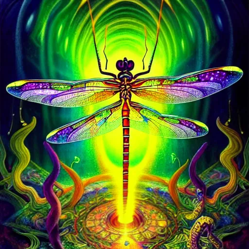 Image similar to An extremely psychedelic abstract illustration of celestial dragonfly, colorful, surreal, dramatic lighting, magic mushrooms, psilocybin, LSD, detailed, intricate, elegant, highly detailed, digital painting, artstation, concept art, smooth, sharp focus, illustration, art by Krenz Cushart and Artem Demura and alphonse mucha