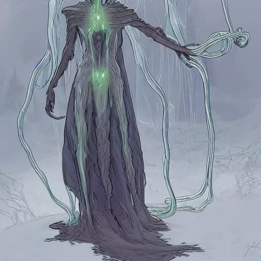 Image similar to concept designs of an ethereal ghostly wraith like figure with a squid like parasite latched onto its transparent skull and long tentacle arms that flow lazily but gracefully at its sides like a cloak while it floats around a frozen rocky tundra in the snow searching for lost souls and that hides amongst the frosted trees, this character has hydrokinesis and electrokinesis for the resident evil village video game franchise with inspiration from the franchise Bloodborne in the style of arcane the series on netflix