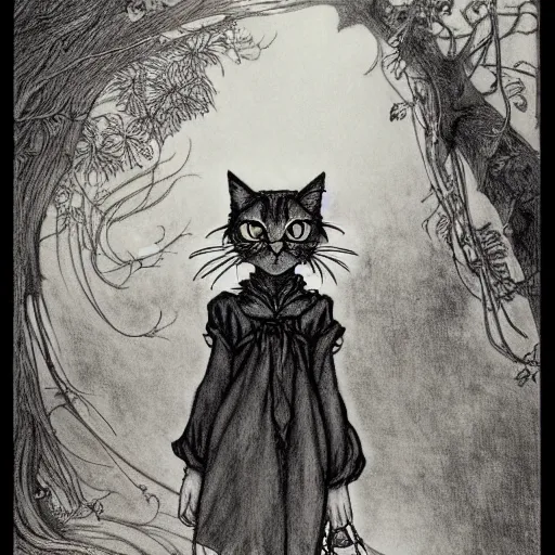 Image similar to photo of a cute young anime-style cat-girl in the style of Arthur Rackham, realistic, wide focus, 8k ultra, insanely detailed, intricate, elegant, art by Laurie Lipton