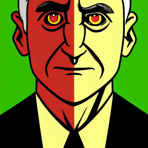 Image similar to solid glowing eyes, digital portrait of secretary of denis mcdonough face with solid glowing eyes, cover art of graphic novel, evil laugh, menacing, Machiavellian puppetmaster, villain, simple style, solid colors, clean lines, clean ink, trending on artstation