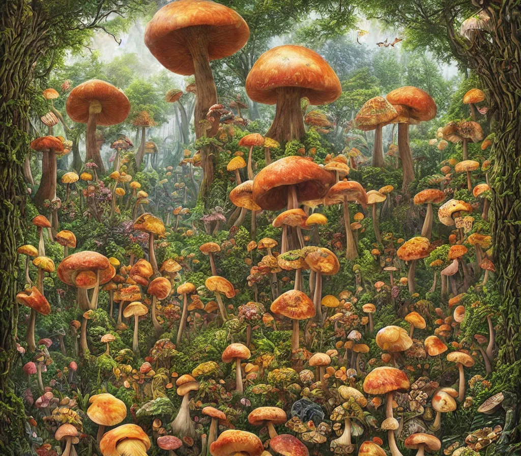 Prompt: A hyperrealistic detailed fantasy mixed media matte painting of a cottagecore lush grove with various giant mushrooms by Jacek Yerka and Karol Bak, colorful, surreal, whimsical, trending on artstation, morels, chanterelles, boletes.