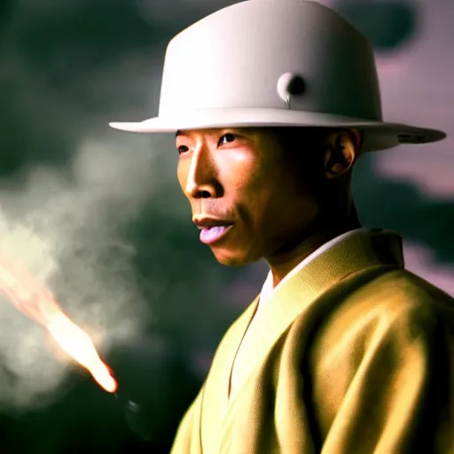 Image similar to cinematic film still Pharrell Williams starring as a Samurai holding fire, Japanese CGI, VFX, 2003, 40mm lens, shallow depth of field,film photography