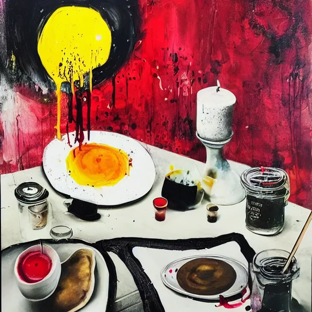 Prompt: “ sensual, neo - expressionism, surrealism, a portrait in a female art student ’ s apartment, pancakes, mushrooms,, art supplies, a candle dripping white wax, berry juice drips, acrylic and spray paint and oilstick on canvas ”