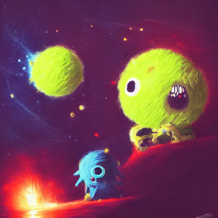 Image similar to cinematic portrait of a cute tennis ball monster in the abyss of space, chalk, masterpiece, trending on artstation, featured on pixiv, cinematic composition, dramatic pose, beautiful lighting, sharp details, hyper-detailed, HD, HDR, 4K, 8K, art by Basil Gogos