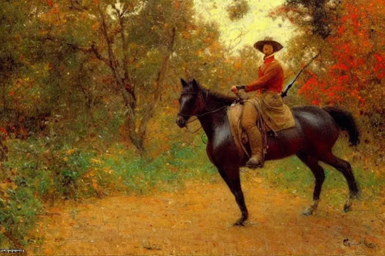 Image similar to attractive man riding a horse in the woods with falling red leaves, painting by gaston bussiere, ghibli style