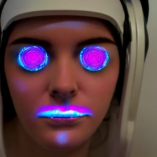 Prompt: photo of young woman, close up, with a cyberpunk camera over right eye with led lights, robotic implants over face, small led lights, white background, from the movie 2001 A Space Odyssey