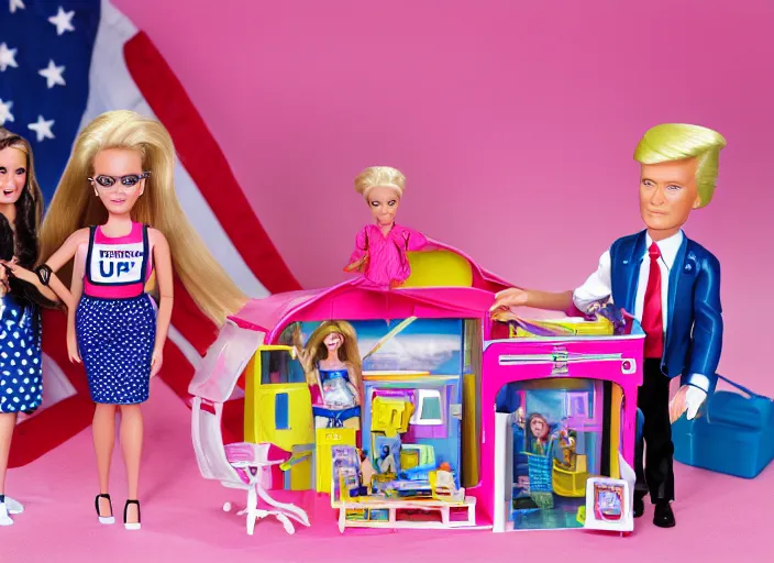 Prompt: donald trump stealing classified documents barbie play set, children's toy advertisement, studio photography, close - up
