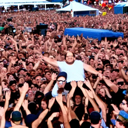 Prompt: george costanza at the vans warped tour on stage, crowd surfing