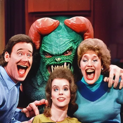 Image similar to vintage 1 9 8 0's sitcom publicity photo, a happy photogenic family and a large giant evil demonic horrifying angry detailed monstrous demon creature inside a 1 9 8 0's sitcom living room