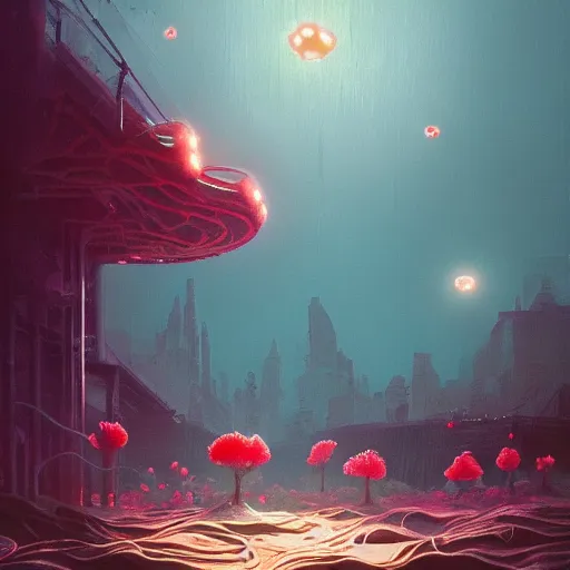 Prompt: beautiful painting of lights and corals blooming in the white mind\'s city in the style of Simon Stålenhag and H. R. Giger, detailed, trending on Artstation