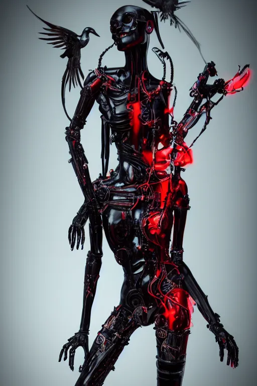 Prompt: full-body cyberpunk style sculpture of a young beautiful dark priestess, half android with a head opening exposing circuitry, glowing red eyes, black roses, flowing blood red colored silk, fabric, candles. baroque elements, human skull. full-length view. baroque element. intricate artwork by Caravaggio. crows flying in background. Trending on artstation, octane render, cinematic lighting from the right, hyper realism, octane render, 8k, depth of field, 3D