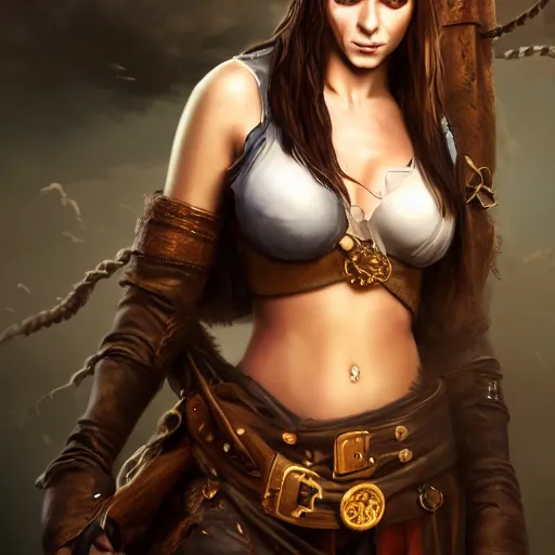 Prompt: full body concept art of a female pirate, airbrushed painting, identical eyes, gazing eyes, beautiful eyes medium shot, stunning, featured on artstation, cinematic lighting, hyperdetailed, cgsociety, 8k, golden ratio, dramatic, dark atmosphere, alluring