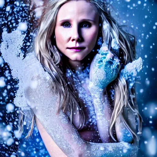 Image similar to Kristen Bell as a mermaid covered in snow, grungy, unkept hair, glowing eyes, winter, modelsociety, radiant skin, huge anime eyes, RTX on, bright on black, dramatic, studio lighting, perfect face, intricate, Sony a7R IV, symmetric balance, polarizing filter, Photolab, Lightroom, 4K, Dolby Vision, Photography Award