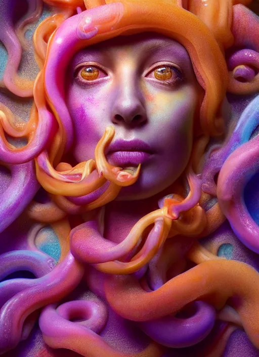 Image similar to subsurface scattering, medusa made of soft wax, cgsociety, translucent, organic squid and ceramic art nouveau swirls, golden orbs, colored smoke, in the style of alberto seveso and ruan jia and beeple and giger, mystical colors, back light, rim light, dramatic lighting, 8 k, stunning scene, raytracing, octane render