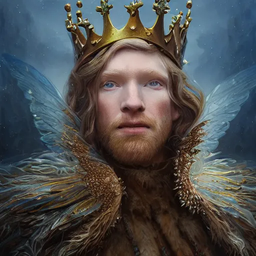 Prompt: closeup portrait shot of domhnall gleeson as king oberon, fairy wings, lord of beasts, highly detailed, digital painting, artstation, concept art, soft focus, depth of field, artgerm, tomasz alen kopera, peter mohrbacher, donato giancola, wlop, boris vallejo
