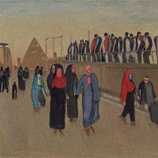 Image similar to painting of egyptian commuters heading to the central business district of cairo, painted by laurence stephen lowry, oil on canvas, national gallery