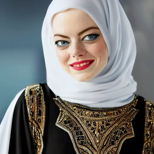 Image similar to A portrait of Emma Stone wearing Black Arabian Abaya, high quality, fully detailed, 4k