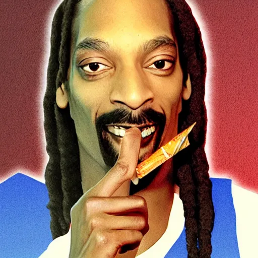 Image similar to Snoop Dog with big eyes eye color red , smiling and holding a joint in his hand