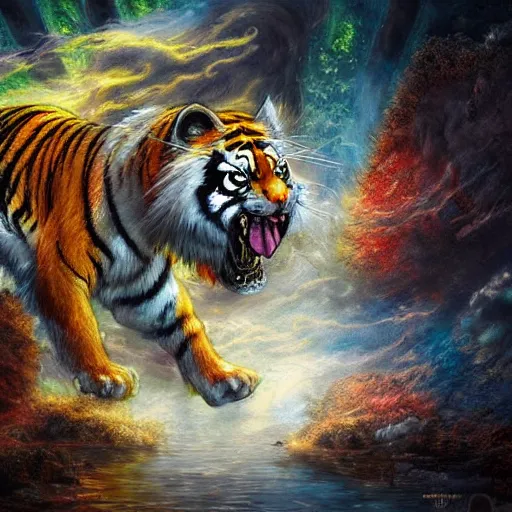 Prompt: mixed blood of tiger and pikachu, ghibli style, very detailed, volumetric light, mist, fine art, decaying, textured oil over canvas, epic fantasy art, very colorful, ornate scales
