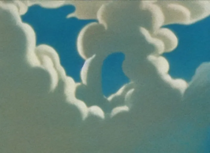 Prompt: soft pleasing - palette friendly colossal monster, close - up, pleasing palette, undulating nebulous clouds, adorable, friendly, dyllic cumulonimbus still from fantasia pastel from fantasia ( 1 9 4 1 )