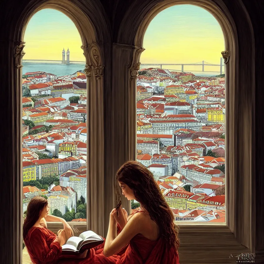 Prompt: The City of Lisbon from the window of a rich girl reading a book, fantasy, intricate, elegant, dramatic lighting, emotionally evoking symbolic metaphor, highly detailed, lifelike, photorealistic, digital painting, artstation, concept art, smooth, sharp focus, illustration, art by John Collier and Albert Aublet and Krenz Cushart and Artem Demura and Alphonse Mucha